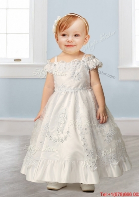 Best Spaghetti Straps Cap Sleeves Flower Girl Dress with Lace and Beading