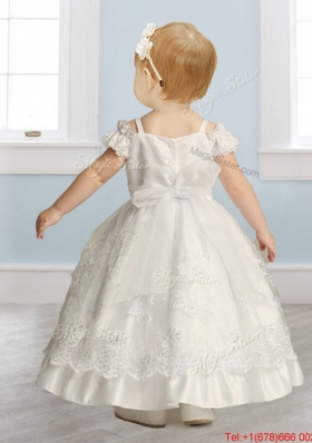 Best Spaghetti Straps Cap Sleeves Flower Girl Dress with Lace and Beading