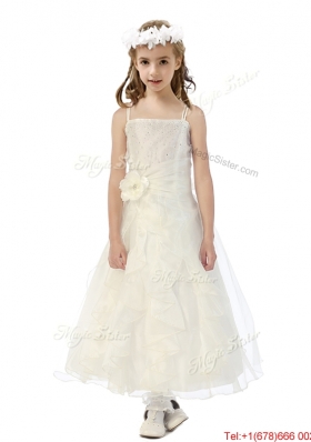 Cheap Spaghetti Straps Flower Girl Dress with Hand Made Flowers and Ruffles