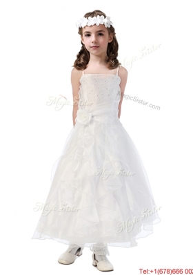 Cheap Spaghetti Straps Flower Girl Dress with Hand Made Flowers and Ruffles