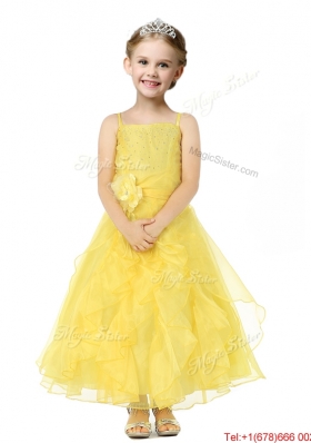 Cheap Spaghetti Straps Flower Girl Dress with Hand Made Flowers and Ruffles