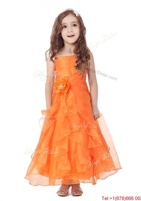 Cheap Spaghetti Straps Flower Girl Dress with Hand Made Flowers and Ruffles