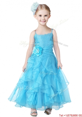 Cheap Spaghetti Straps Flower Girl Dress with Hand Made Flowers and Ruffles