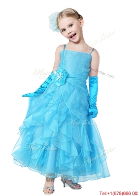 Cheap Spaghetti Straps Flower Girl Dress with Hand Made Flowers and Ruffles