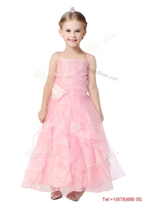 Cheap Spaghetti Straps Flower Girl Dress with Hand Made Flowers and Ruffles