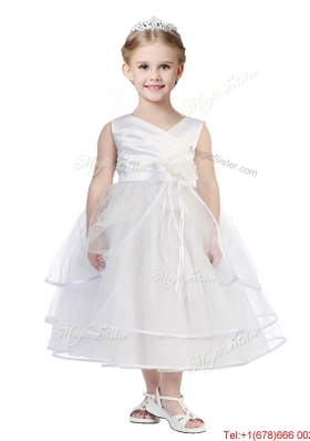 Cheap V Neck Flower Girl Dress with Hand Made Flowers and Ruffled Layers