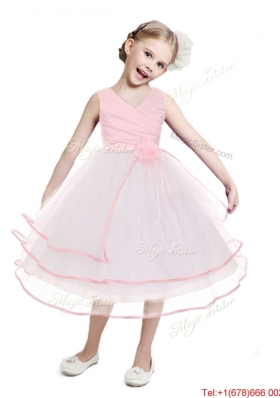 Cheap V Neck Flower Girl Dress with Hand Made Flowers and Ruffled Layers