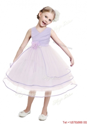 Cheap V Neck Flower Girl Dress with Hand Made Flowers and Ruffled Layers