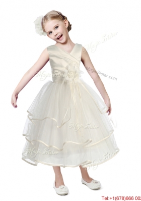 Cheap V Neck Flower Girl Dress with Hand Made Flowers and Ruffled Layers