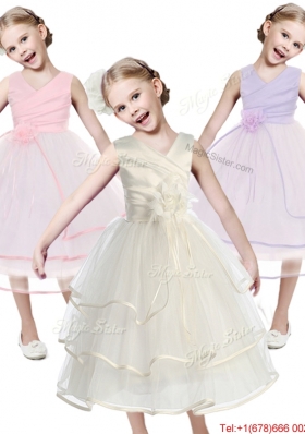 Cheap V Neck Flower Girl Dress with Hand Made Flowers and Ruffled Layers