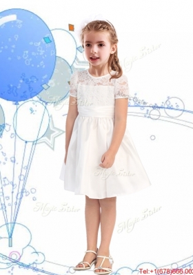 Classical Scoop Short Sleeves Champagne Flower Girl Dress with Lace and Belt