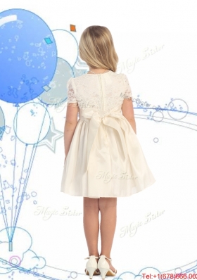 Classical Scoop Short Sleeves Champagne Flower Girl Dress with Lace and Belt