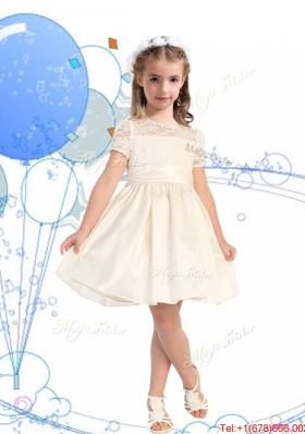 Classical Scoop Short Sleeves Champagne Flower Girl Dress with Lace and Belt