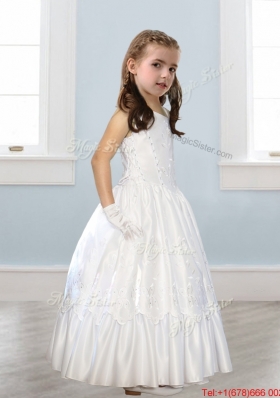 Discount Asymmetrical Neckline White Flower Girl Dress with Appliques