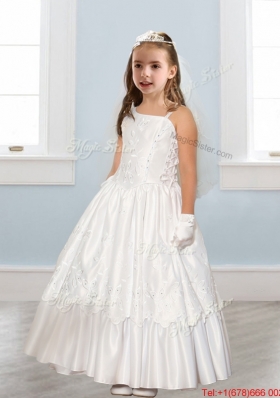 Discount Asymmetrical Neckline White Flower Girl Dress with Appliques