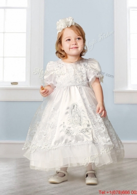 Discount Scoop Short Sleeves Flower Girl Dress with Embroidery and Lace