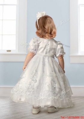 Discount Scoop Short Sleeves Flower Girl Dress with Embroidery and Lace