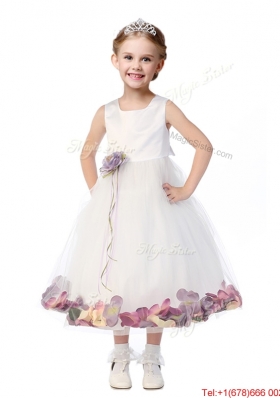 Elegant Hand Made Flowers and Applique Scoop Flower Girl Dress in White