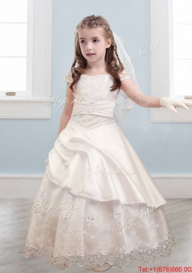 Fashionable Bateau Cap Sleeves Champagne Flower Girl Dress with Lace and Belt