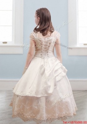 Fashionable Bateau Cap Sleeves Champagne Flower Girl Dress with Lace and Belt