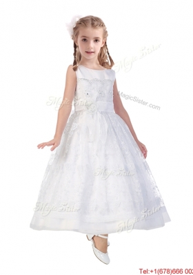 Lovely Scoop A Line Flower Girl Dress with Hand Made Flowers and Lace