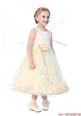 Luxurious Scoop Hand Made Flowers and Appliques Flower Girl Dress in Champagne