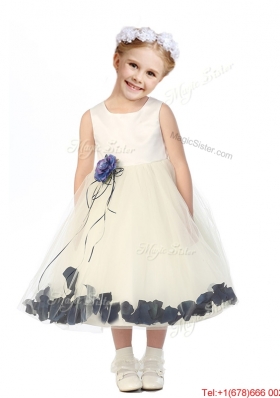 Luxurious Scoop Hand Made Flowers and Appliques Flower Girl Dress in Champagne