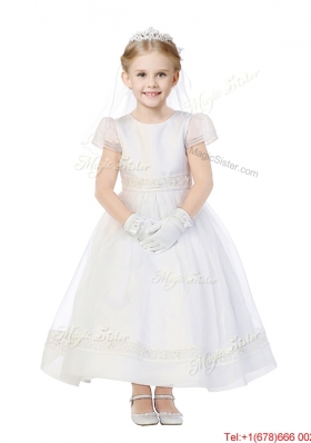 Modest Scoop Cap Sleeves Organza Flower Girl Dress with Appliques