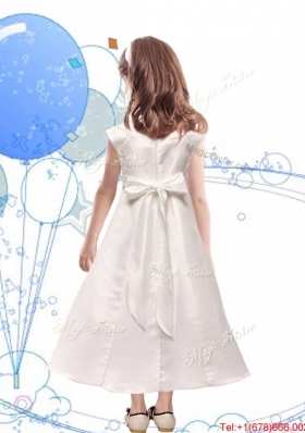 Modest Scoop Cap Sleeves Satin Flower Girl Dress with Sashes