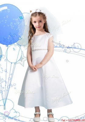 Modest Scoop Cap Sleeves Satin Flower Girl Dress with Sashes