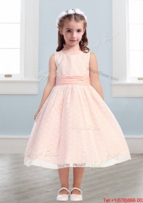 New Style Scoop Flower Girl Dress with Lace and Belt