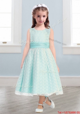 New Style Scoop Flower Girl Dress with Lace and Belt