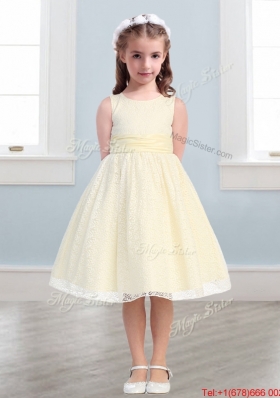 New Style Scoop Flower Girl Dress with Lace and Belt