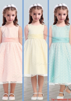 New Style Scoop Flower Girl Dress with Lace and Belt