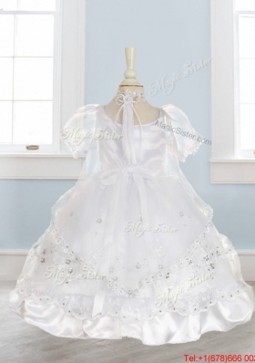 Perfect Scoop Short Sleeves Flower Girl Dress with Bowknot and Embroidery