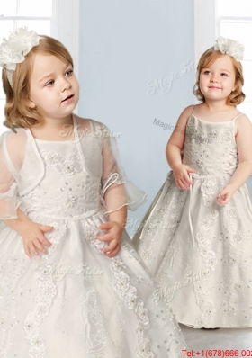 Perfect Spaghetti Straps Beading and Appliques Flower Girl Dress in Champagne