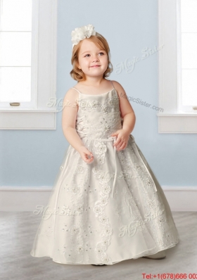 Perfect Spaghetti Straps Beading and Appliques Flower Girl Dress in Champagne