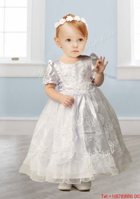 Popular Scoop Short Sleeves Flower Girl Dress with Beading and Appliques