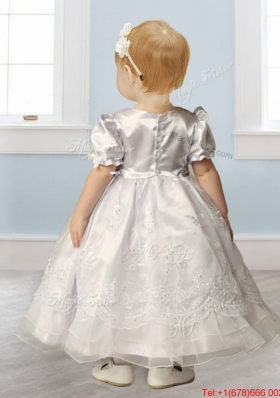 Popular Scoop Short Sleeves Flower Girl Dress with Beading and Appliques