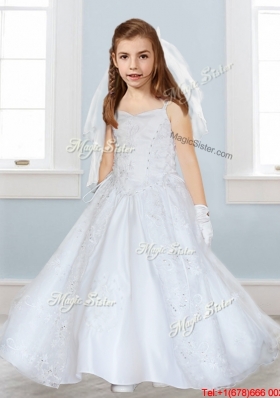 Popular Spaghetti Straps Satin Flower Girl Dress with Lace and Beading