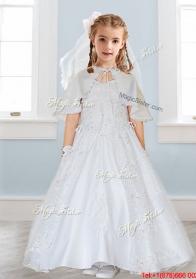 Popular Spaghetti Straps Satin Flower Girl Dress with Lace and Beading