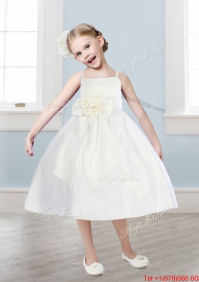 Pretty Spaghetti Straps Hand Made Flowers and Sashes Flower Girl Dress in White