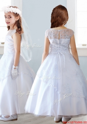 See Through Scoop Cap Sleeves Flower Girl Dress with Lace