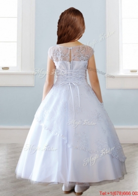 See Through Scoop Cap Sleeves Flower Girl Dress with Lace