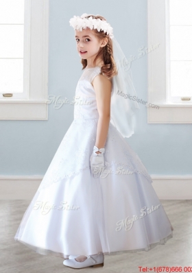 See Through Scoop Cap Sleeves Flower Girl Dress with Lace