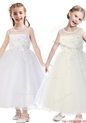 See Through Scoop Tulle Flower Girl Dress with Appliques and Beading