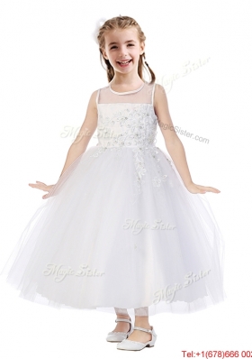 See Through Scoop Tulle Flower Girl Dress with Appliques and Beading