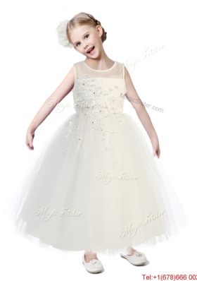 See Through Scoop Tulle Flower Girl Dress with Appliques and Beading