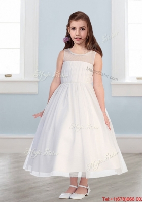 See Through Scoop Tulle Flower Girl Dress with Beading