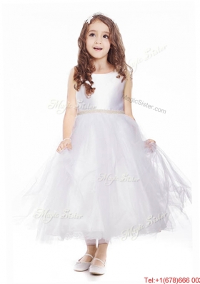 Simple Scoop Belt Tulle Flower Girl Dress in White